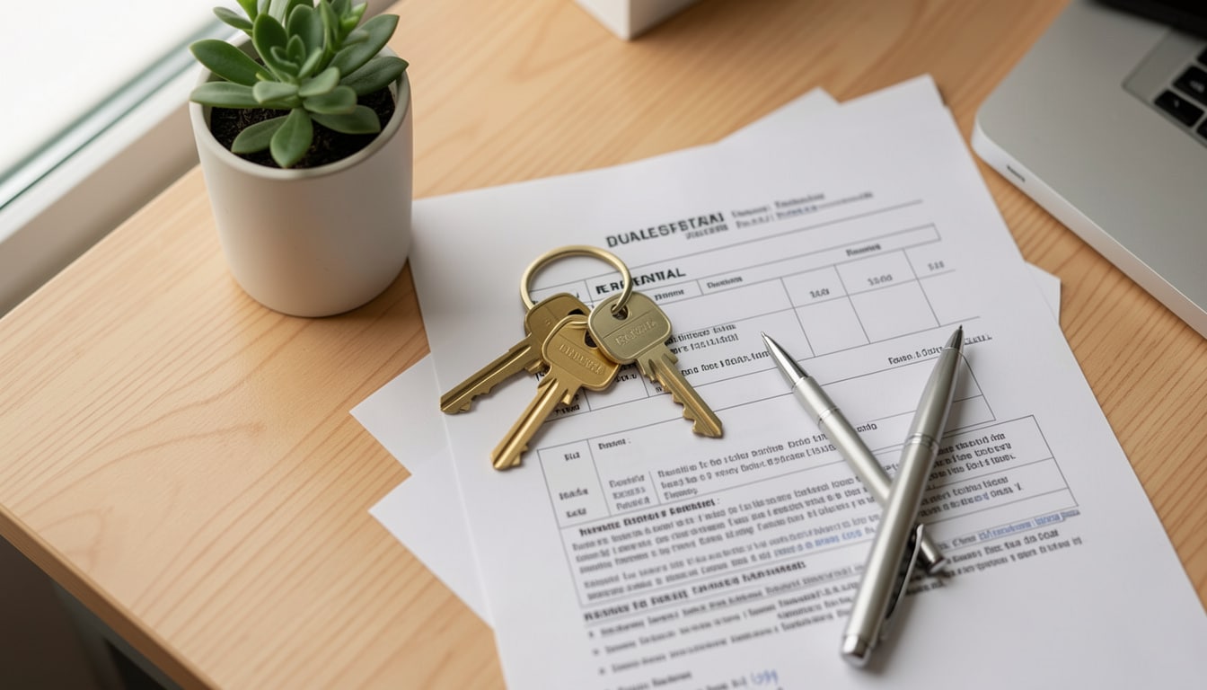 Contrat de bail de location posé sur un bureau avec un trousseau de clés et un stylo prêt pour la signature