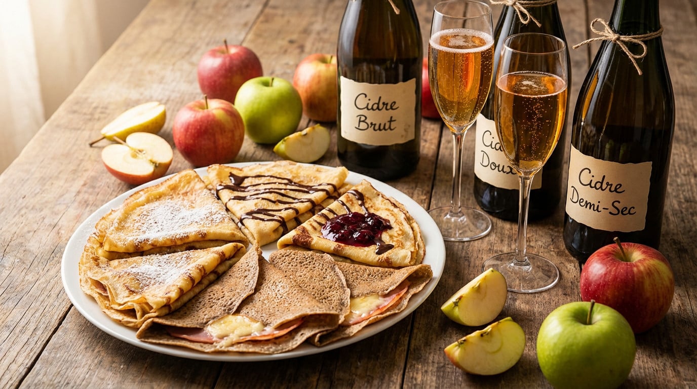 Natureza morta com crêpes doces e salgados, galettes, garrafas de cidra variada e taças espumantes em mesa rústica, com maçãs e peras.