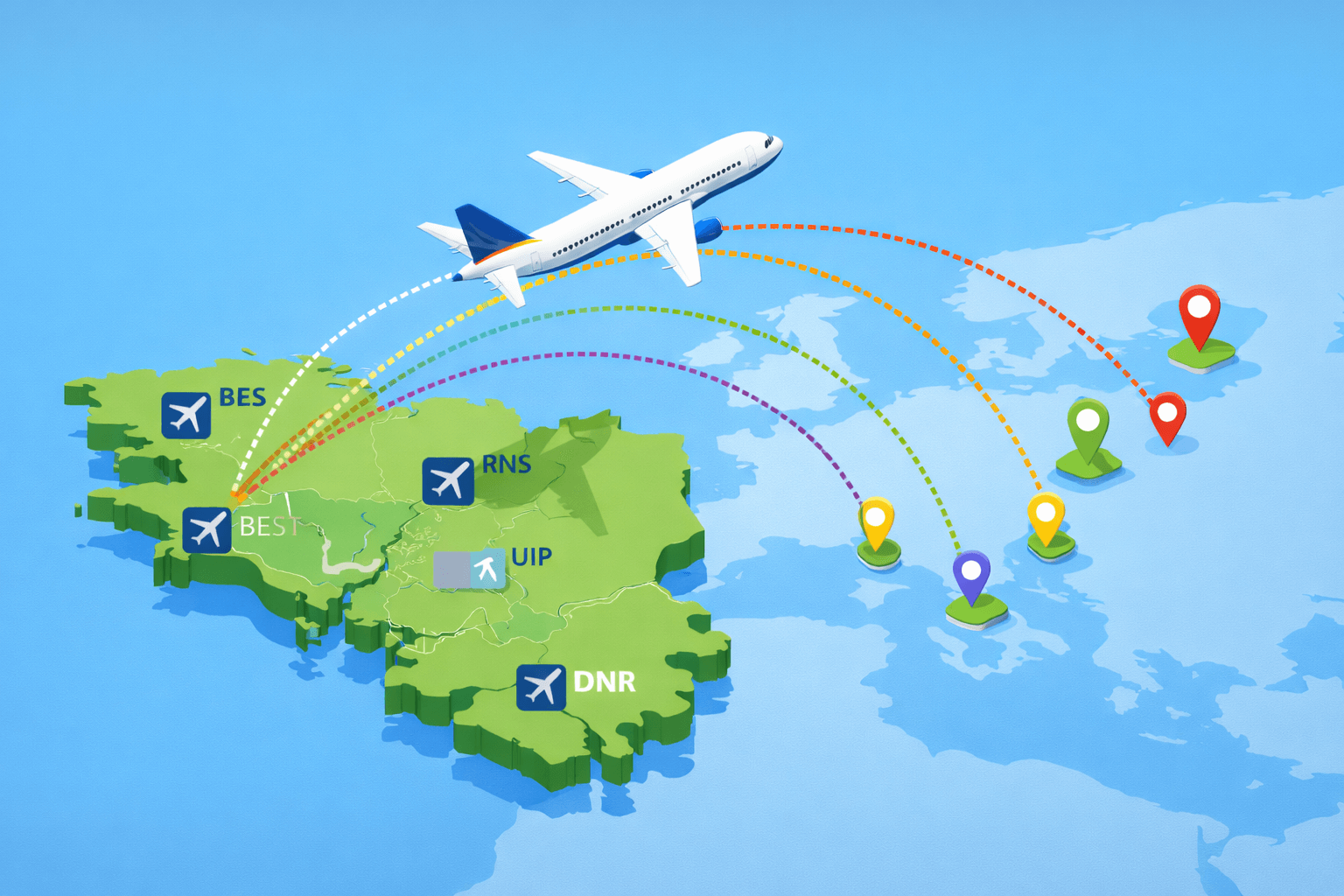Illustration des destinations et vols directs au départ de l'aéroport Rennes Bretagne (RNS) vers l'Europe et le Maroc.