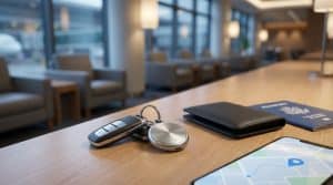 Clés de voiture, traceur Trackr Tech, portefeuille, passeport et smartphone avec carte sur une table dans un salon d'aéroport.