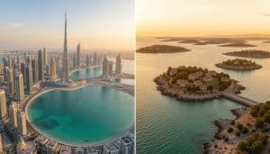 Vue aérienne comparative : les gratte-ciels de Dubaï face aux îles du Golfe du Morbihan en Bretagne
