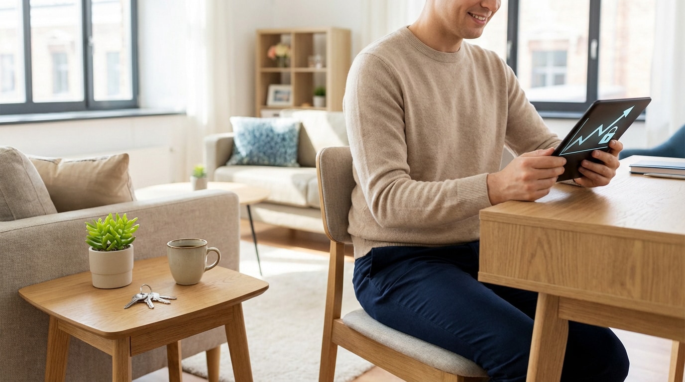 Un homme examine un graphique de croissance et sécurité sur une tablette, dans un intérieur cosy avec clés et café sur une table basse.