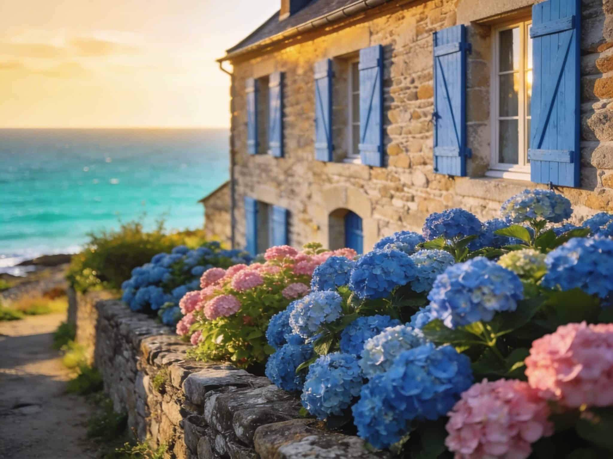 Maison bretonne en pierre avec volets bleus près de la côte, typique des locations saisonnières en Bretagne