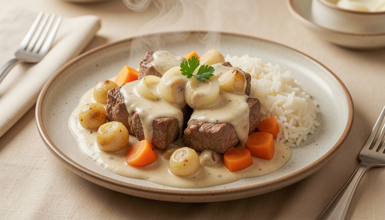 Blanquette de veau au Cookeo sauce blanche onctueuse avec carottes et champignons servie dans une assiette creuse