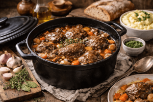 Joue de porc fondante au vin rouge mijotée longuement en cocotte en fonte, avec carottes, oignons et champignons, viande ultra tendre qui se défait à la fourchette