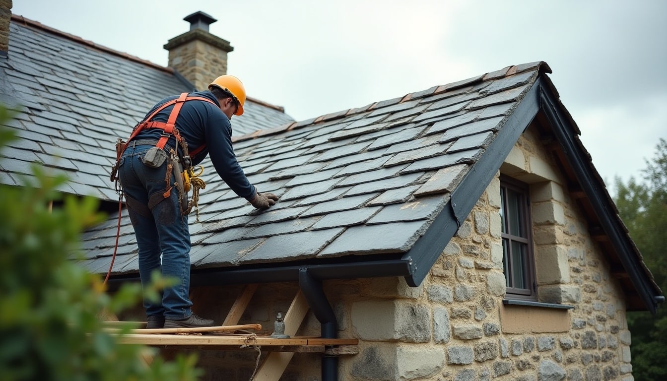 Couvreur en Bretagne rénovant une toiture en ardoises naturelles sur échafaudage, avec pose de nouvelles ardoises