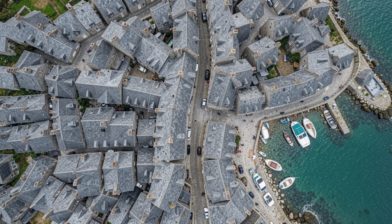 Vue aérienne d'un bourg côtier breton aux toits serrés illustrant la pression immobilière en zone tendue